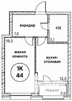 1-к квартира, вторичка, 44м2, 2/13 этаж