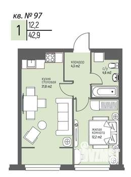 1-к квартира, вторичка, 43м2, 8/25 этаж