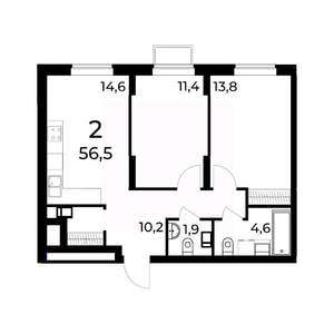 2-к квартира, вторичка, 57м2, 6/15 этаж