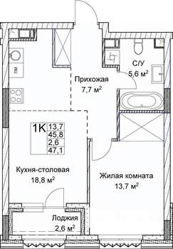 1-к квартира, вторичка, 47м2, 9/9 этаж