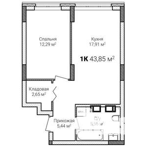 1-к квартира, строящийся дом, 44м2, 3/15 этаж