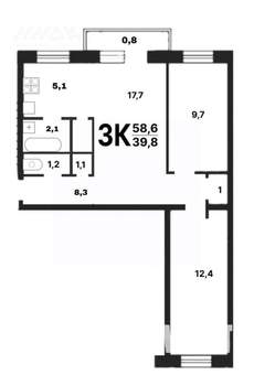 3-к квартира, вторичка, 59м2, 6/6 этаж