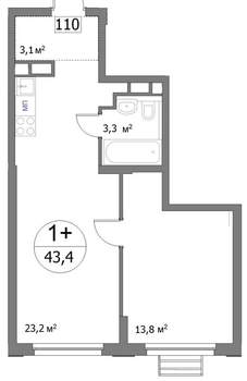 1-к квартира, сданный дом, 43м2, 14/22 этаж