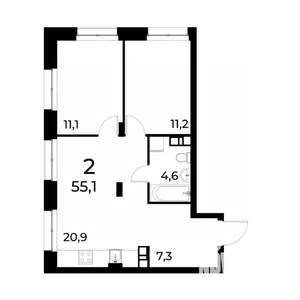 2-к квартира, вторичка, 55м2, 20/20 этаж