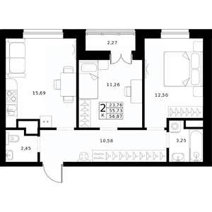 2-к квартира, строящийся дом, 57м2, 14/24 этаж