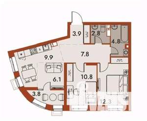 3-к квартира, строящийся дом, 62м2, 12/25 этаж