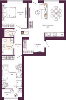 2-к квартира, вторичка, 76м2, 4/19 этаж