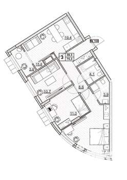 3-к квартира, вторичка, 75м2, 20/24 этаж