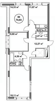 3-к квартира, вторичка, 75м2, 17/22 этаж