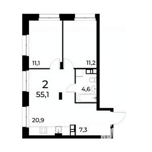 2-к квартира, вторичка, 55м2, 15/20 этаж