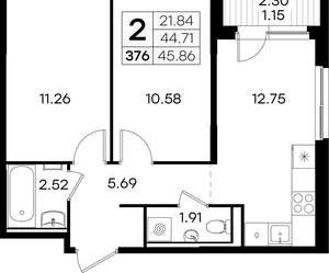 2-к квартира, вторичка, 46м2, 1/9 этаж