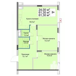2-к квартира, вторичка, 61м2, 4/12 этаж