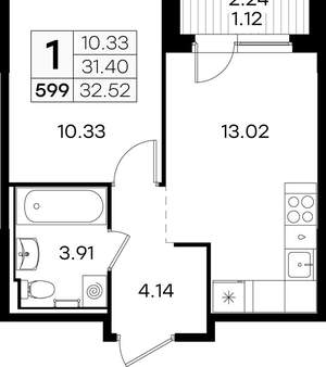 1-к квартира, вторичка, 33м2, 1/9 этаж