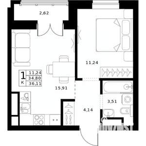 1-к квартира, строящийся дом, 36м2, 19/24 этаж