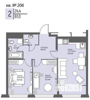 2-к квартира, вторичка, 61м2, 20/25 этаж
