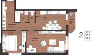 2-к квартира, строящийся дом, 60м2, 2/15 этаж