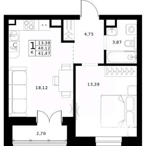 1-к квартира, строящийся дом, 41м2, 2/24 этаж