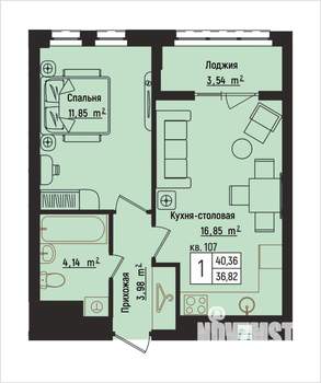 1-к квартира, вторичка, 40м2, 13/15 этаж