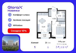 1-к квартира, вторичка, 35м2, 6/9 этаж