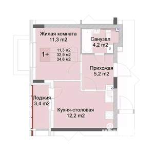 1-к квартира, строящийся дом, 35м2, 1/10 этаж