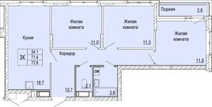 3-к квартира, вторичка, 73м2, 22/25 этаж