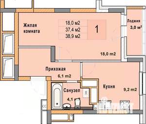 1-к квартира, вторичка, 39м2, 19/25 этаж