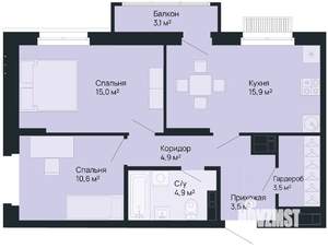 2-к квартира, вторичка, 59м2, 3/9 этаж