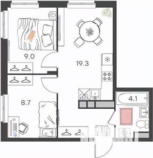 2-к квартира, вторичка, 41м2, 1/4 этаж