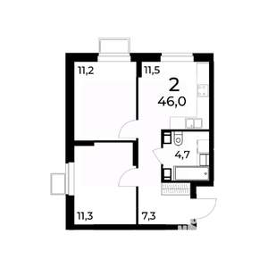 2-к квартира, вторичка, 46м2, 11/15 этаж