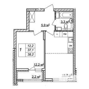 1-к квартира, строящийся дом, 38м2, 12/25 этаж
