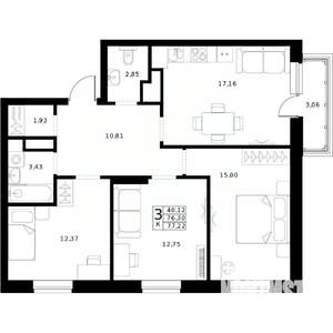 3-к квартира, строящийся дом, 77м2, 22/24 этаж