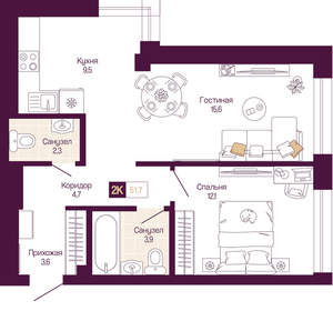 2-к квартира, вторичка, 52м2, 9/25 этаж