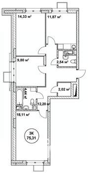 3-к квартира, строящийся дом, 75м2, 7/22 этаж