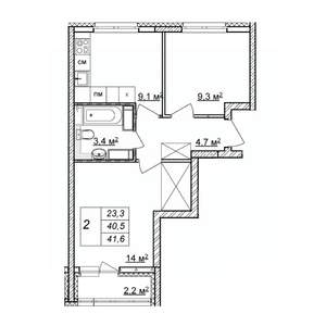 2-к квартира, строящийся дом, 42м2, 24/25 этаж