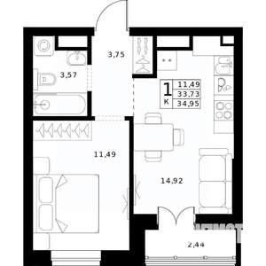 1-к квартира, строящийся дом, 35м2, 16/24 этаж