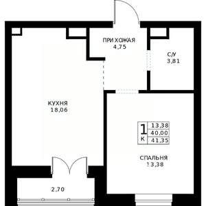 1-к квартира, строящийся дом, 41м2, 8/24 этаж