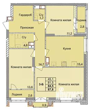 3-к квартира, строящийся дом, 85м2, 16/18 этаж