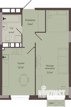 1-к квартира, строящийся дом, 44м2, 3/8 этаж