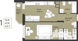 1-к квартира, строящийся дом, 43м2, 14/15 этаж