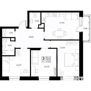 3-к квартира, вторичка, 78м2, 2/24 этаж