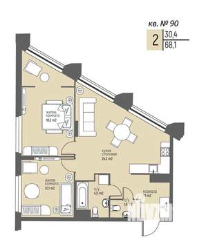 2-к квартира, вторичка, 68м2, 7/25 этаж