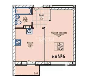 1-к квартира, вторичка, 34м2, 2/4 этаж