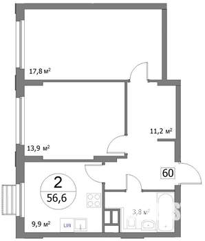 2-к квартира, сданный дом, 57м2, 8/22 этаж