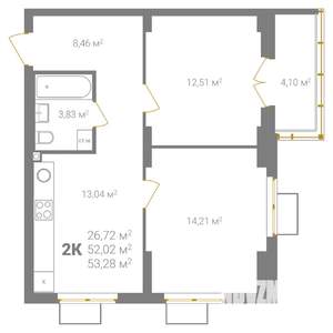 2-к квартира, вторичка, 53м2, 2/18 этаж