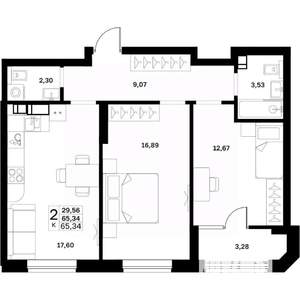 2-к квартира, строящийся дом, 65м2, 13/17 этаж