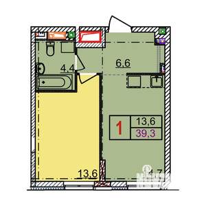 1-к квартира, строящийся дом, 39м2, 2/18 этаж