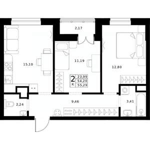 2-к квартира, строящийся дом, 55м2, 8/24 этаж