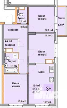 3-к квартира, вторичка, 69м2, 12/25 этаж