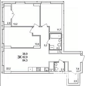 3-к квартира, строящийся дом, 84м2, 22/25 этаж