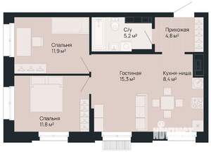 2-к квартира, вторичка, 57м2, 1/9 этаж